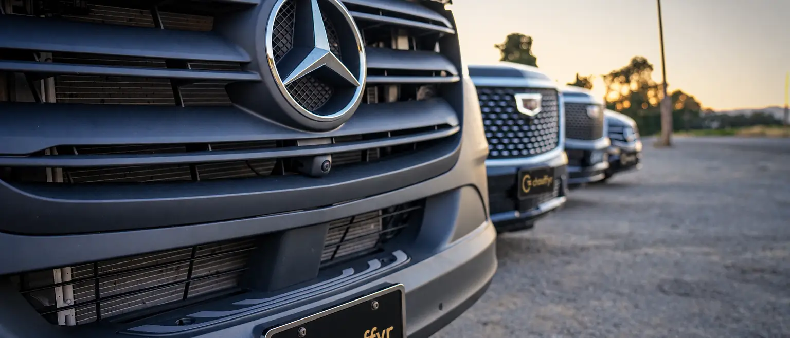 Chauffyr fleet lineup at sunset — Mercedes-Benz Sprinter leading Cadillac Escalades, chauffeur service worldwide