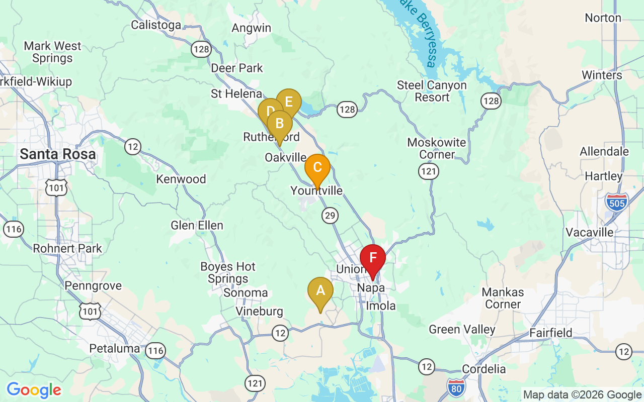 Day 1 — Napa (south-to-mid-valley) route map