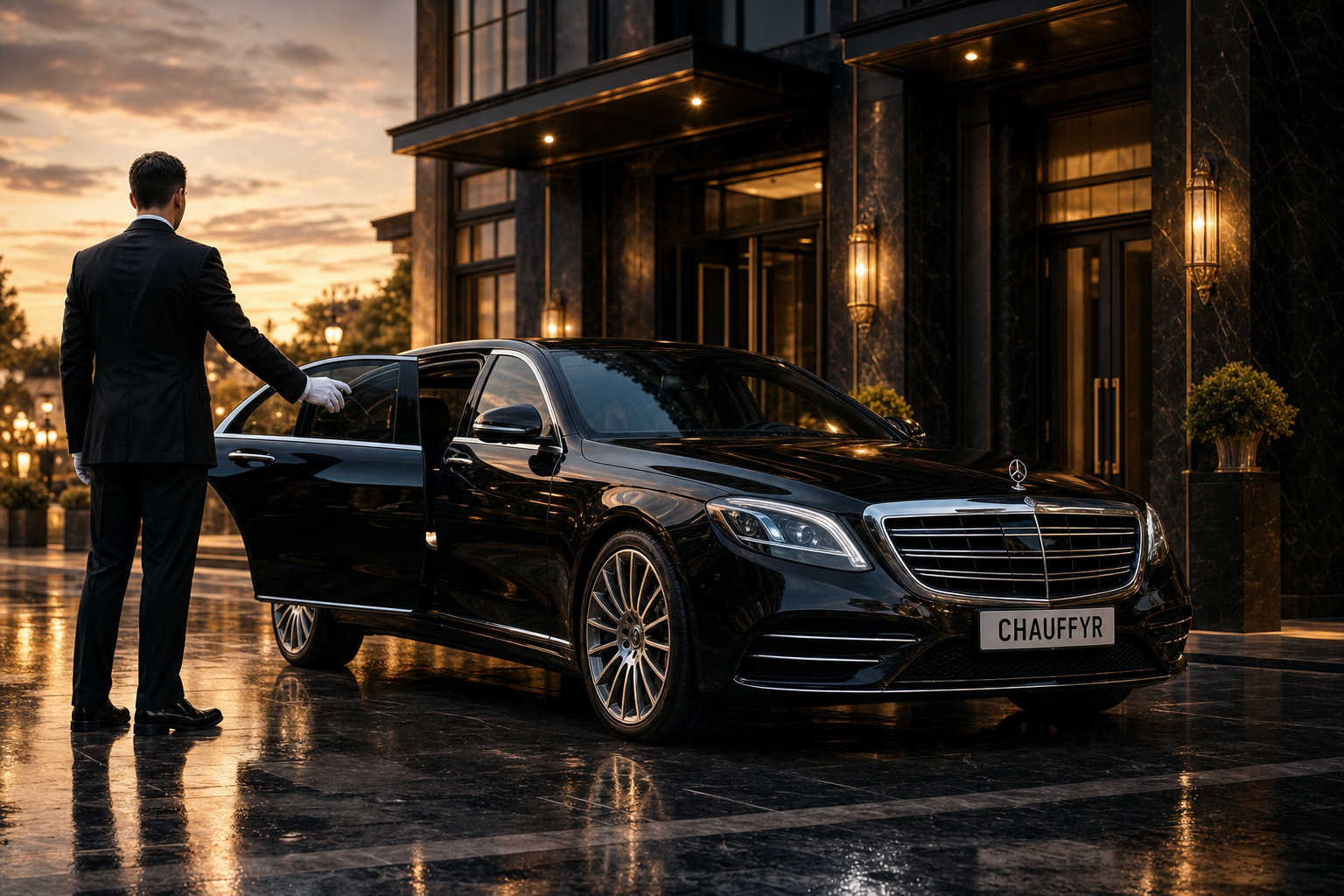 Luxury black executive sedan with Chauffyr license plate