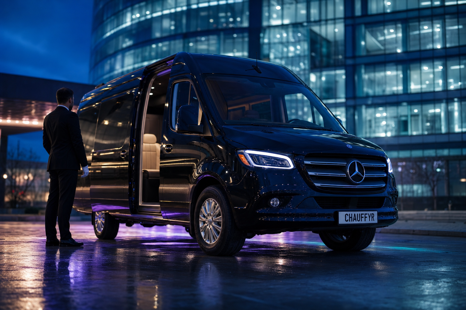 Luxury black Mercedes Sprinter van with Chauffyr license plate