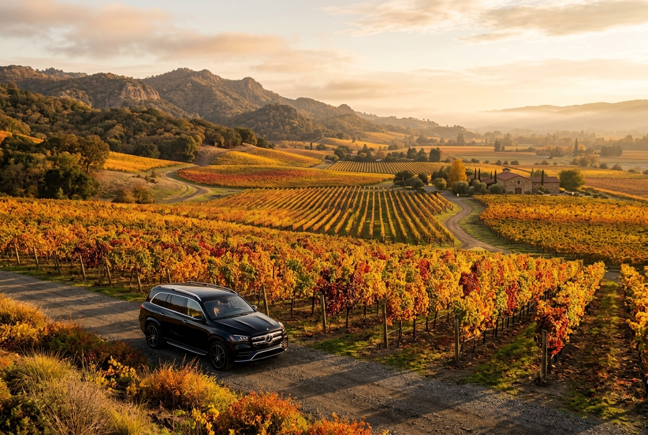 Napa Valley vineyards with a black chauffeur SUV